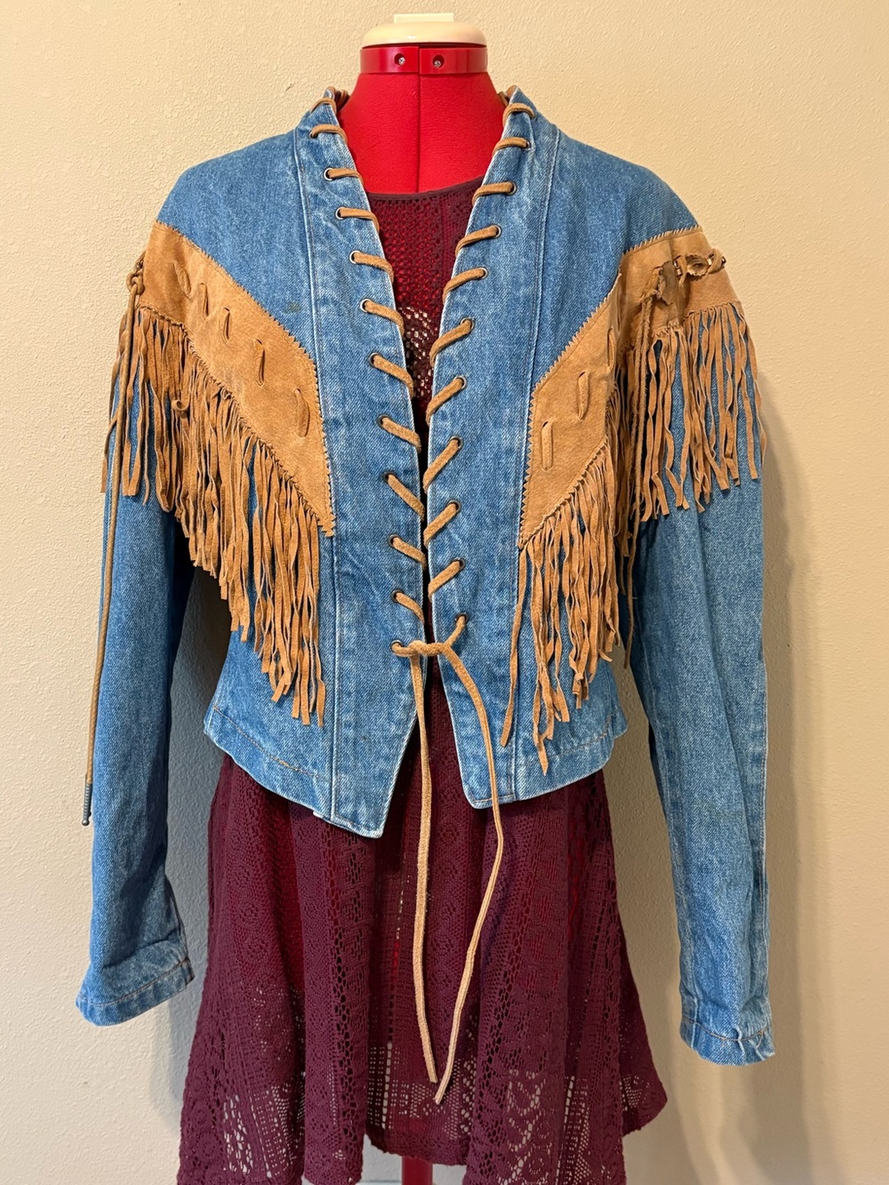 Frontier Collection Phoenix USA Denim Leather Fringe Cropped Bolero Jacket WM Lg